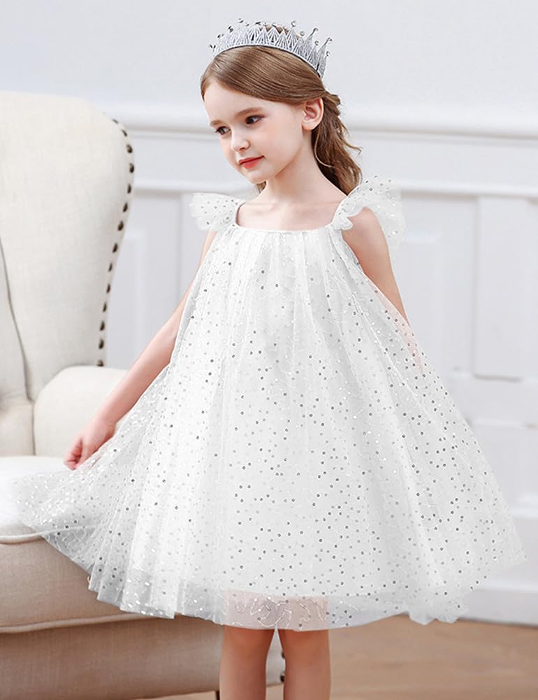 AGQT Child Girls Tulle Tutu Dress Sleeveless Wedding Sequin Layered Summer Babydoll Birthday Party Gowns Baptism Christening Pageant Sundress White-Sequin Dot Size 5-6T - Image 3
