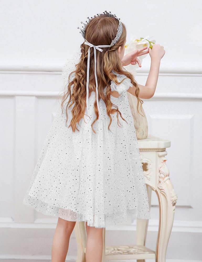 AGQT Child Girls Tulle Tutu Dress Sleeveless Wedding Sequin Layered Summer Babydoll Birthday Party Gowns Baptism Christening Pageant Sundress White-Sequin Dot Size 5-6T - Image 5