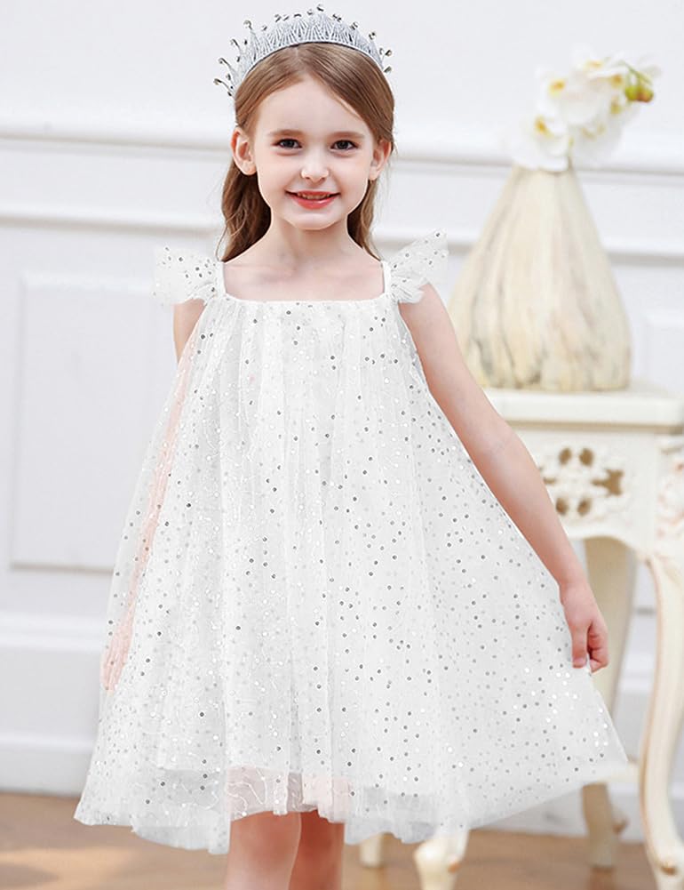 AGQT Child Girls Tulle Tutu Dress Sleeveless Wedding Sequin Layered Summer Babydoll Birthday Party Gowns Baptism Christening Pageant Sundress White-Sequin Dot Size 5-6T - Image 4