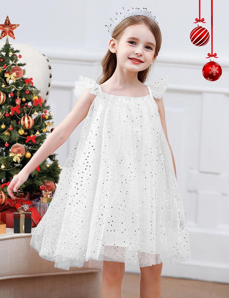 AGQT Child Girls Tulle Tutu Dress Sleeveless Wedding Sequin Layered Summer Babydoll Birthday Party Gowns Baptism Christening Pageant Sundress White-Sequin Dot Size 5-6T - Image 2