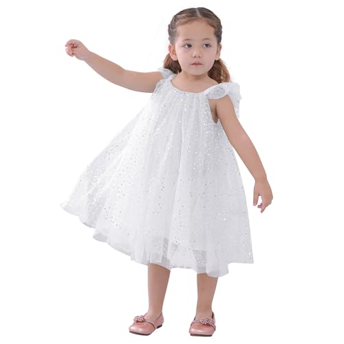 AGQT Child Girls Tulle Tutu Dress Sleeveless Wedding Sequin Layered Summer Babydoll Birthday Party Gowns Baptism Christening Pageant Sundress White-Sequin Dot Size 5-6T - Image 1