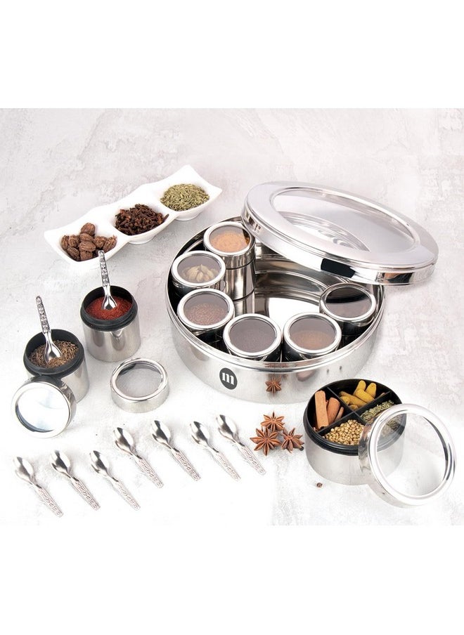 MARU MARU Extra Large 12 in 1 Spice Box for kitchen with Threaded Lids | Masala Box For Kitchen Steel | Masala Container For Kitchen See Through Lid (Size 14 Extra Large 24.5cms) Silver  - Image 1