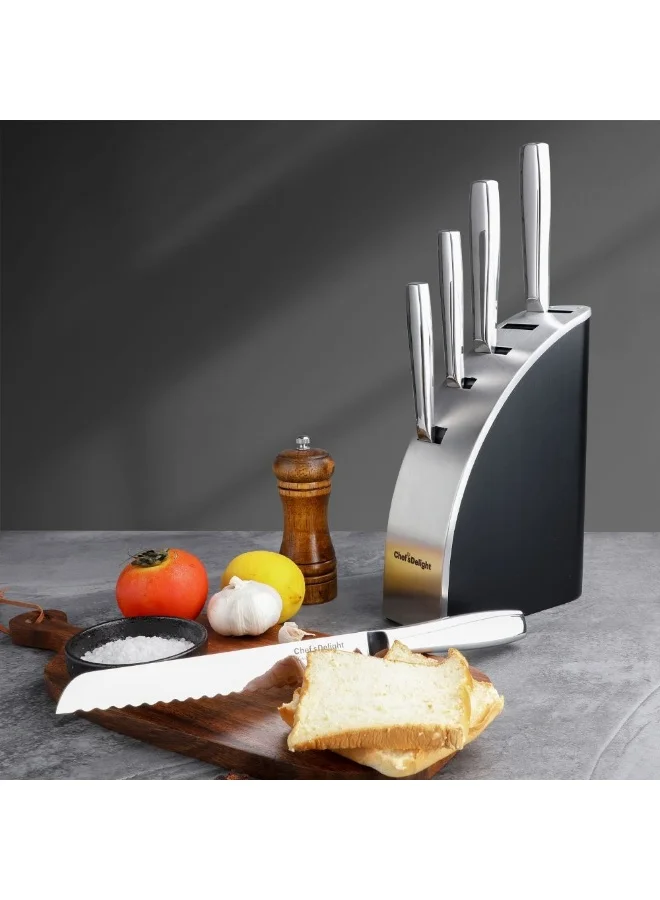 DANUBE HOME Chef'S Delight Celina Pro 6 Piece Set With Wooden Block High Quality Stainless Steel Kitchen Knives For Precision Cutting And Safe Storage Black And Silver
