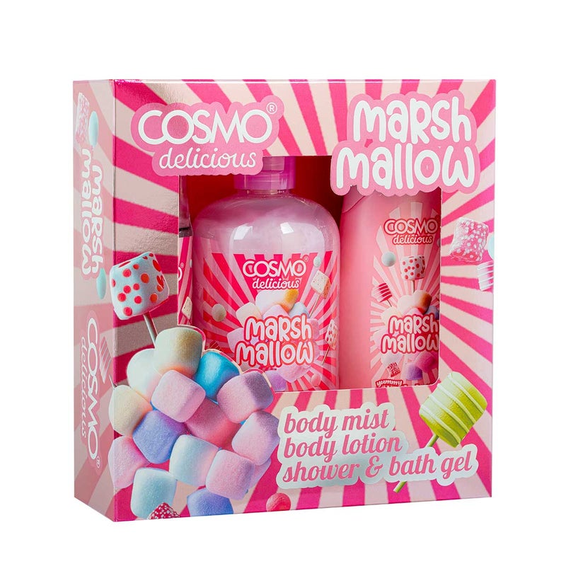 Cosmo Skin Care Delicious Marshmallow 3 Pieces Gift Set For Women & Men, 150ml Fragrance Mist, 350ml Aloe Vera Shower Gel, 200ml Shea Butter Body Lotion, Long Lasting Sweet Scent For Hydrated Skin - Image 1