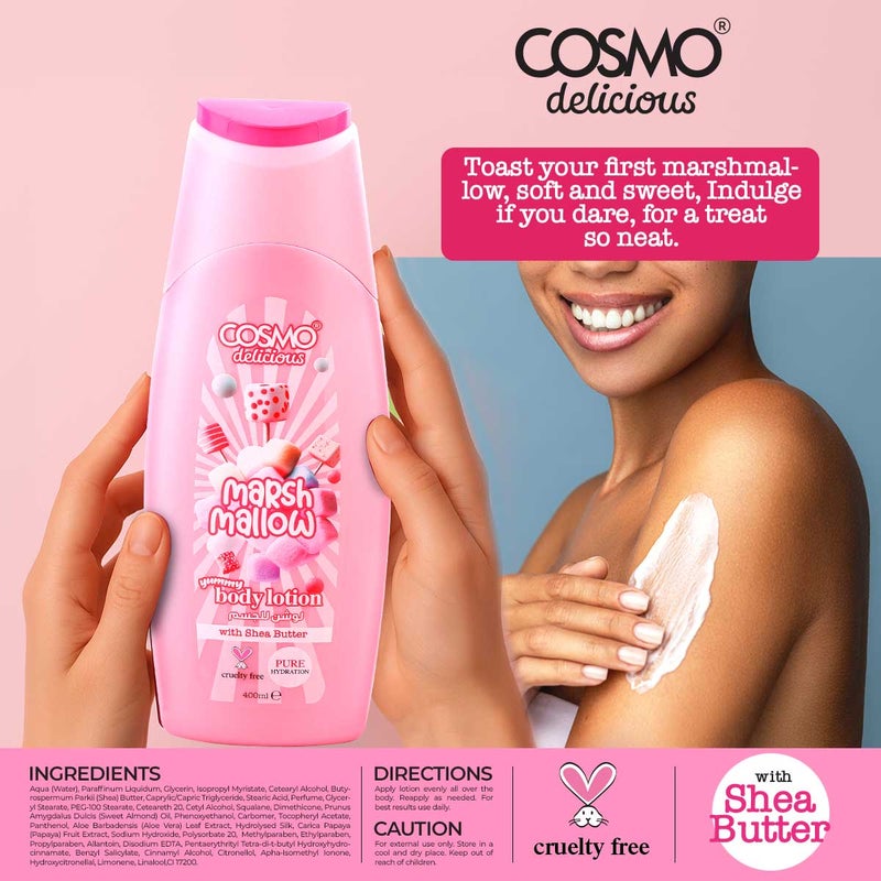 Cosmo Skin Care Delicious Marshmallow 3 Pieces Gift Set For Women & Men, 150ml Fragrance Mist, 350ml Aloe Vera Shower Gel, 200ml Shea Butter Body Lotion, Long Lasting Sweet Scent For Hydrated Skin - Image 5