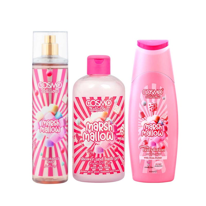 Cosmo Skin Care Delicious Marshmallow 3 Pieces Gift Set For Women & Men, 150ml Fragrance Mist, 350ml Aloe Vera Shower Gel, 200ml Shea Butter Body Lotion, Long Lasting Sweet Scent For Hydrated Skin - Image 2