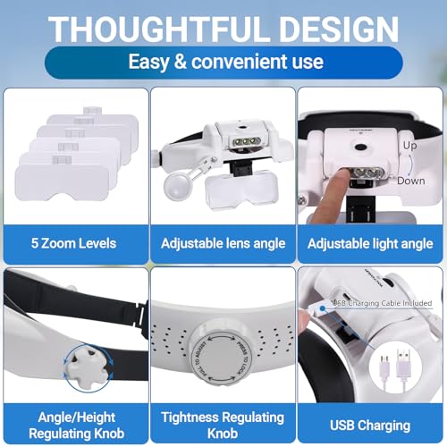 YOCTOSUN Magnifying Glasses with Light 1X-14X, Rechargeable LED Headband Magnifier with 6 Lenses and Storage Case, Hands Free Head Magnifying Visor for Close Work, Sewing, Crafts,Jewelry - Image 5