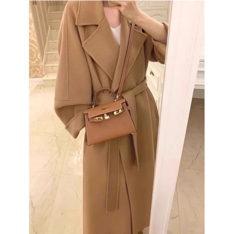 Red Woolen Coat Womens Autumn and Winter Korean-style Hepburn High-end Long Woolen Coat Camel 