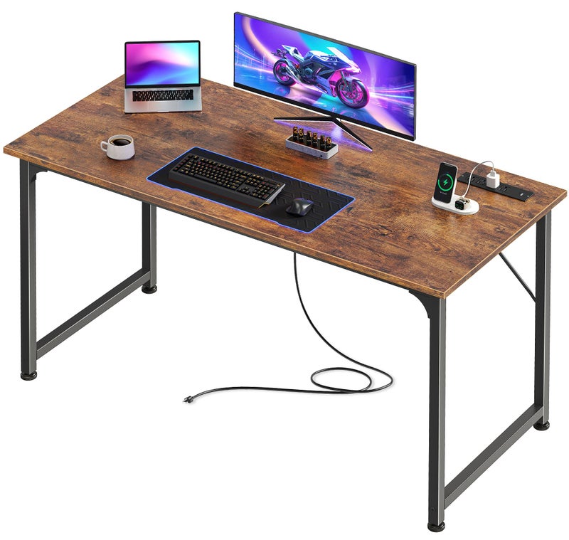 PRAISUN 47 X 20 Inch Office Computer Desk with Power Outlets and USB-C Port, Larger Gaming Desk, for Home Office, Study, Bedroom, Writing Work from Home Table, Metal Frame, Rustic Brown - Image 1