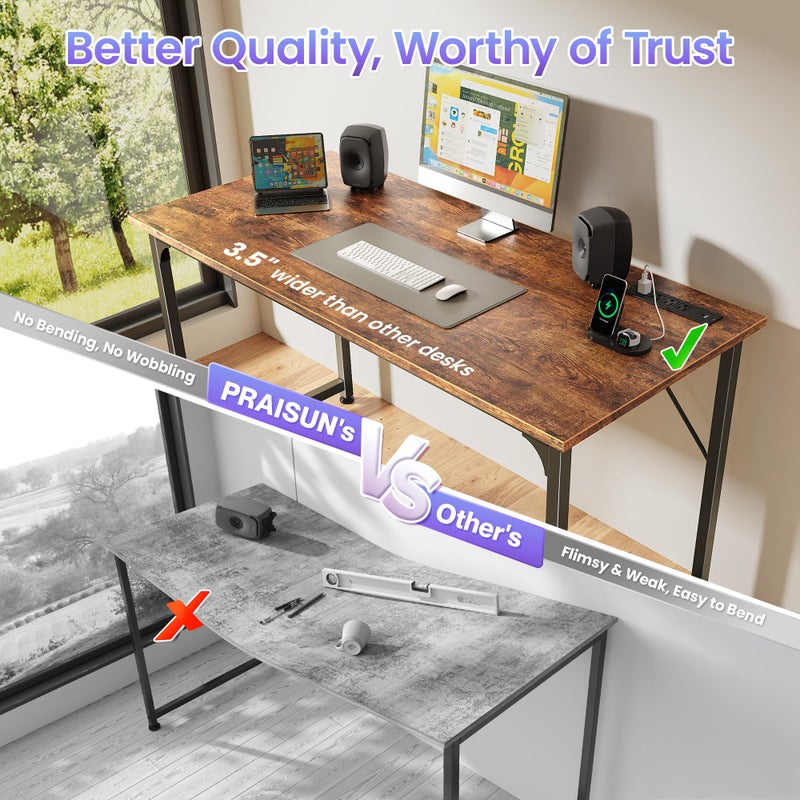PRAISUN 47 X 20 Inch Office Computer Desk with Power Outlets and USB-C Port, Larger Gaming Desk, for Home Office, Study, Bedroom, Writing Work from Home Table, Metal Frame, Rustic Brown - Image 5