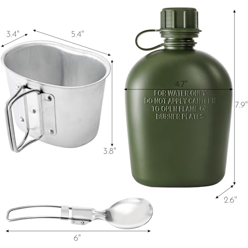 ZOOFOX Military Canteen 1 Quart Portable Army Water Bottle with Aluminum Cup Stainless Steel Spoon Fork and Knife Plastic Tactical Water Bottle for Military Hiking Camping Survival - Image 3