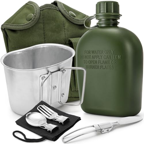 ZOOFOX Military Canteen 1 Quart Portable Army Water Bottle with Aluminum Cup Stainless Steel Spoon Fork and Knife Plastic Tactical Water Bottle for Military Hiking Camping Survival - Image 1