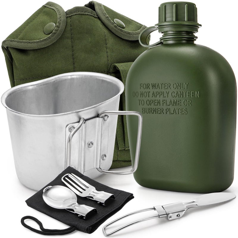 ZOOFOX Military Canteen 1 Quart Portable Army Water Bottle with Aluminum Cup Stainless Steel Spoon Fork and Knife Plastic Tactical Water Bottle for Military Hiking Camping Survival - Image 2