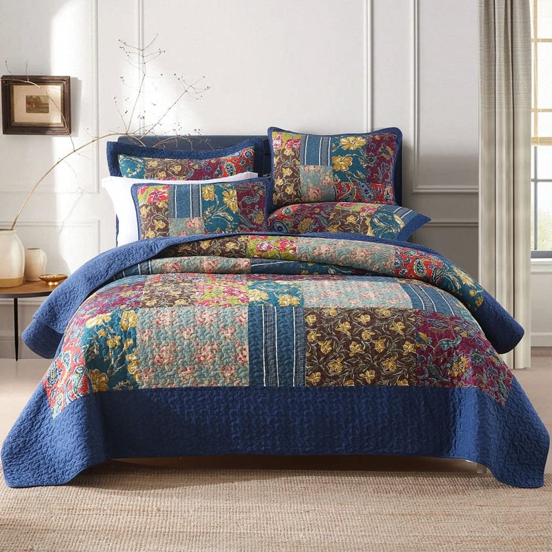 VISIMISI Cotton Bedspread Quilt Sets Reversible Bedding Coverlet Sets 3 Pieces Patchwork Blue Vintage Floral Paisley Bedspread King Size