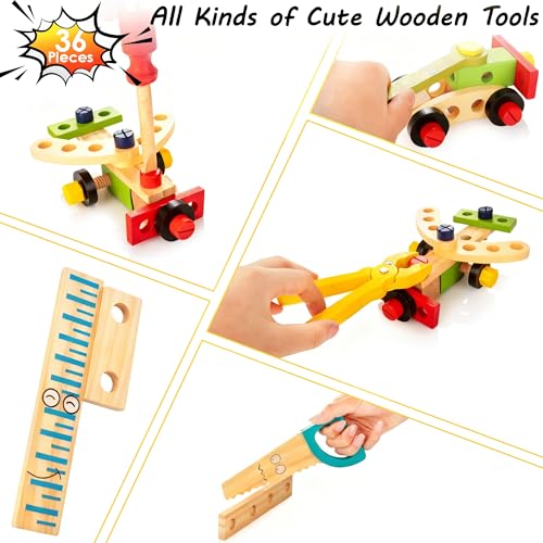 KIDWILL Tool Kit for Kids, 36-Piece Wooden Toddler Tools Set Includes Tool Box, Montessori Educational Stem Construction Toys for 2 3 4 5 6 Year Old Boys Girls, Best Birthday Gift for Kids - Image 3