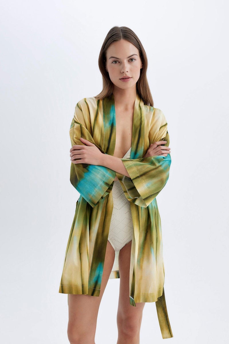 DeFacto Green Woman Patterned Cotton Beach Kimono Casual - Image 3