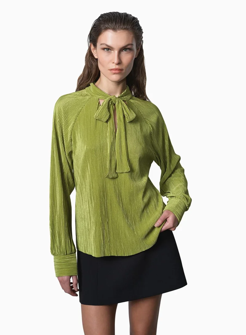 French Connection Rylah Plisse Long Sleeve Tie Neck Shirt
