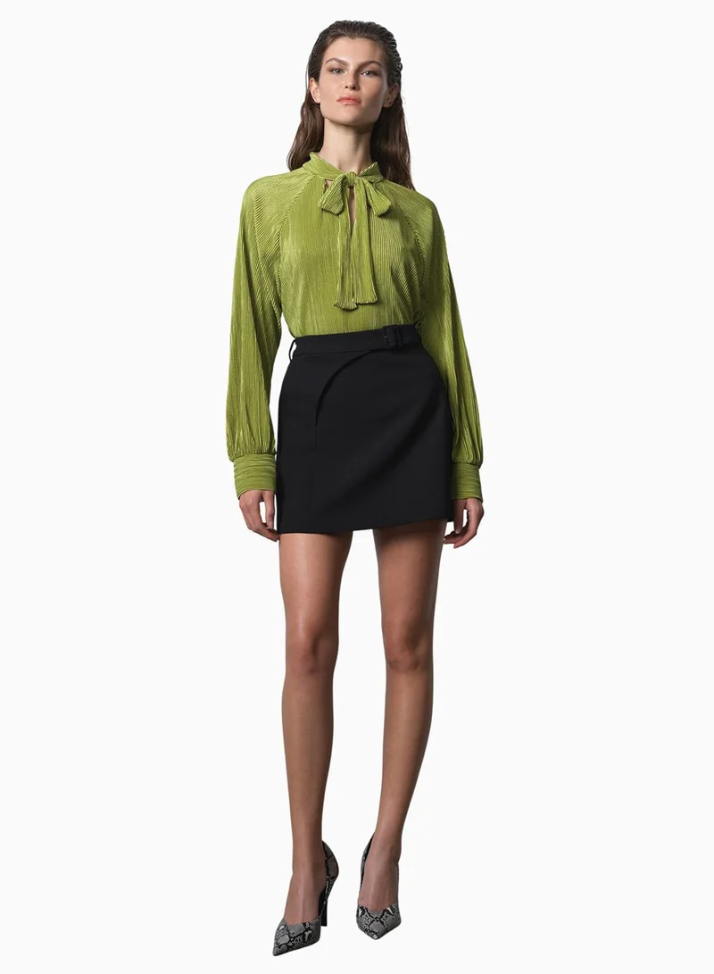 French Connection Rylah Plisse Long Sleeve Tie Neck Shirt