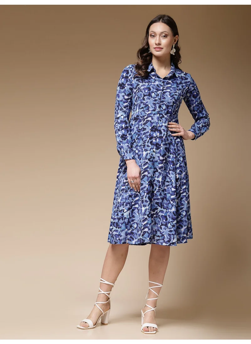 Freehand Women Casual Regular Abstract Plain Collared Neck Shirt Dress