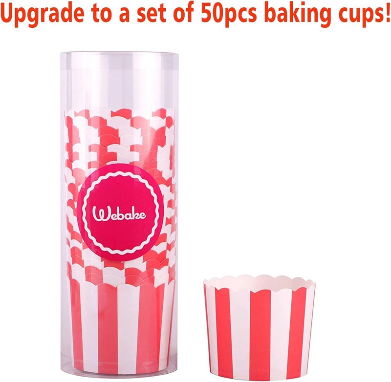 Webake 50pcs Full Size 6oz Paper Baking Cups Red Cupcake Liners Paper Snack Cups for Popcorn Cupcake Muffin Case Cupcake Bath Bomb, for Movie Party Decorations Set of 50 (Red Stripe) - Image 3