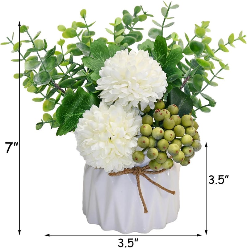 LADADA Artificial Flower Hydrangea and Small CeramicVase Fake Plant Eucalyptus Leaf Berry Flower Arrangement for Home Decoration (White) - Image 2