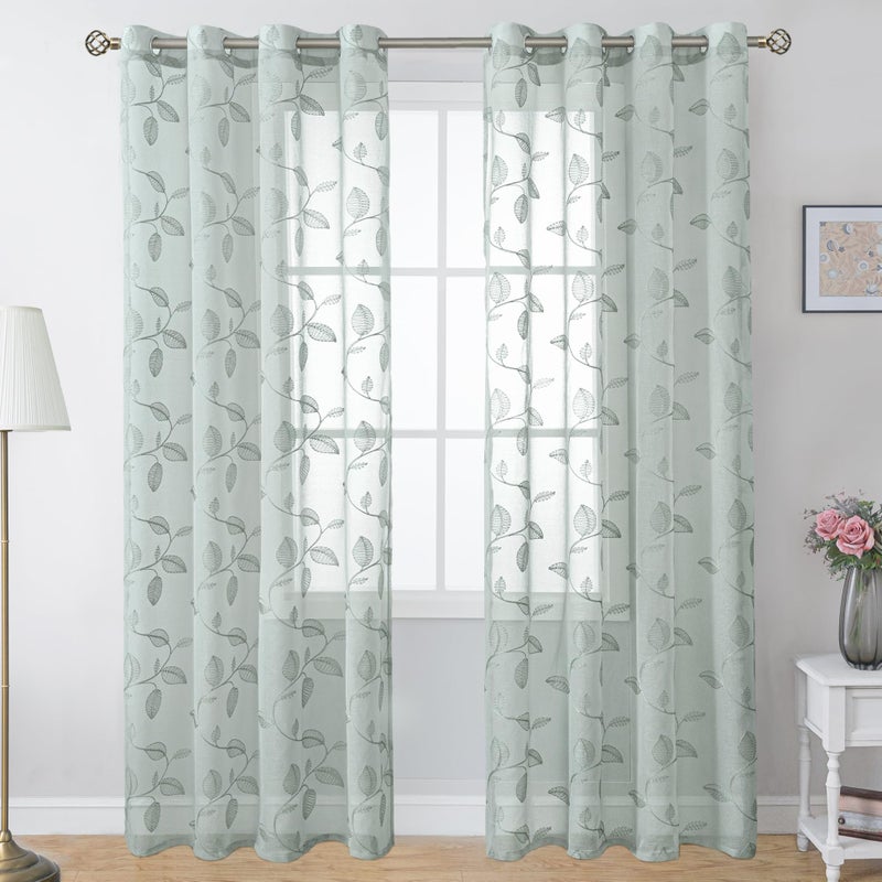 BGment Sage Green Sheer Curtains 84 Inches Long - Embroidered Leaf Pattern Light Filtering Cottage Core Botanical Semi Sheer Grommet Window Drapes for Farmhouse Living Room, 2 Panels, 52 x 84 Inch - Image 1