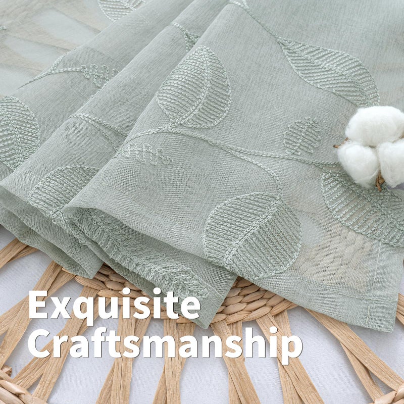 BGment Sage Green Sheer Curtains 84 Inches Long - Embroidered Leaf Pattern Light Filtering Cottage Core Botanical Semi Sheer Grommet Window Drapes for Farmhouse Living Room, 2 Panels, 52 x 84 Inch - Image 4