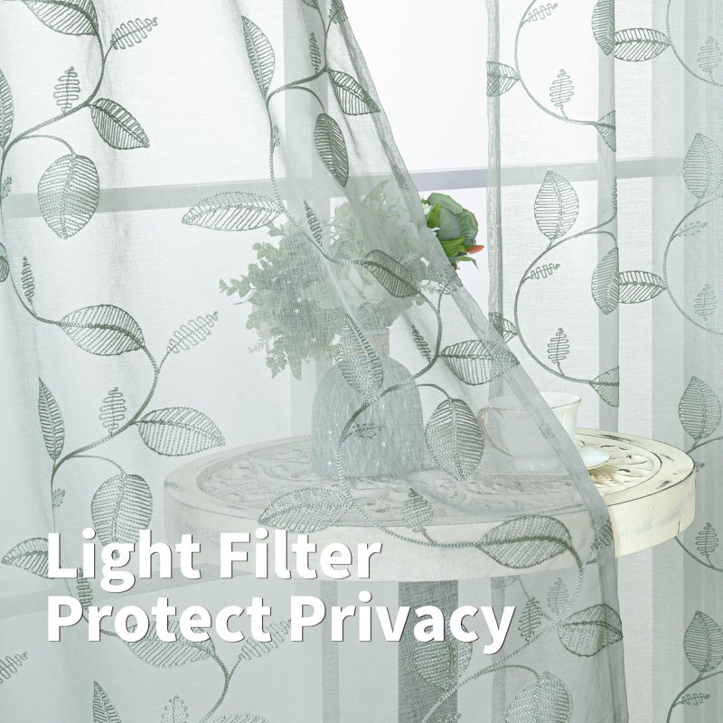 BGment Sage Green Sheer Curtains 84 Inches Long - Embroidered Leaf Pattern Light Filtering Cottage Core Botanical Semi Sheer Grommet Window Drapes for Farmhouse Living Room, 2 Panels, 52 x 84 Inch - Image 3