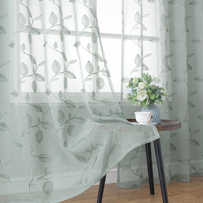 BGment Sage Green Sheer Curtains 84 Inches Long - Embroidered Leaf Pattern Light Filtering Cottage Core Botanical Semi Sheer Grommet Window Drapes for Farmhouse Living Room, 2 Panels, 52 x 84 Inch - Image 2