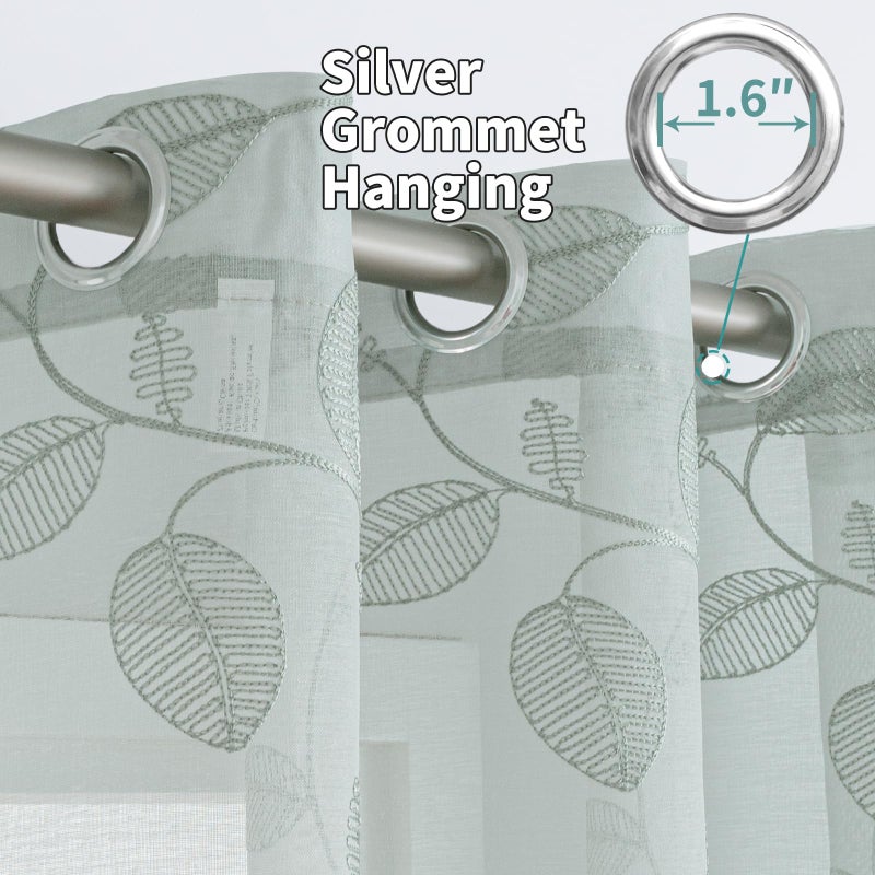 BGment Sage Green Sheer Curtains 84 Inches Long - Embroidered Leaf Pattern Light Filtering Cottage Core Botanical Semi Sheer Grommet Window Drapes for Farmhouse Living Room, 2 Panels, 52 x 84 Inch - Image 5