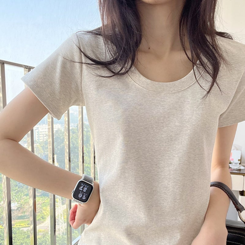 All-Match T-Shirt Women's Short-Sleeved 2025 New Low Collar Tight U-Neck Base Shirt Cotton Big Neck Slim-Fit Round Neck Top - Image 1