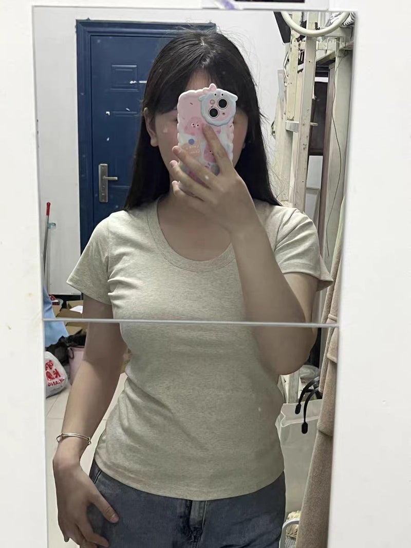 All-Match T-Shirt Women's Short-Sleeved 2025 New Low Collar Tight U-Neck Base Shirt Cotton Big Neck Slim-Fit Round Neck Top - Image 3