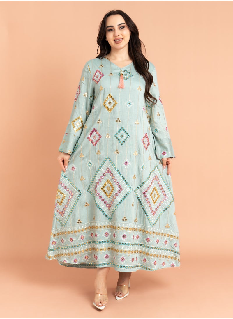IKKXA Geometric Patterns Sparkled Jalabiya Blue  - Image 1