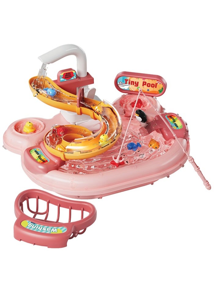 Kids Fishing Toy, Hand-Eye Coordination Skill Trainer, Electric Sliding Rail Fishing Game with Rod and Refillable Bucket, Pink  - Image 1