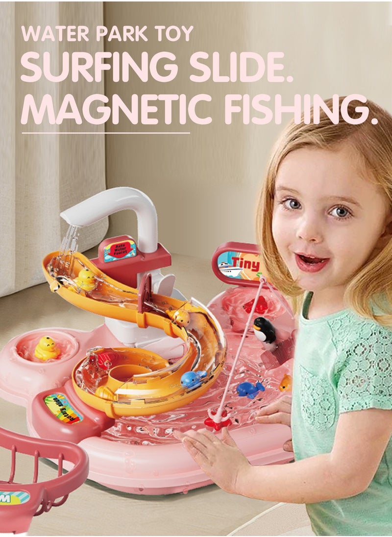 Kids Fishing Toy, Hand-Eye Coordination Skill Trainer, Electric Sliding Rail Fishing Game with Rod and Refillable Bucket, Pink  - Image 2