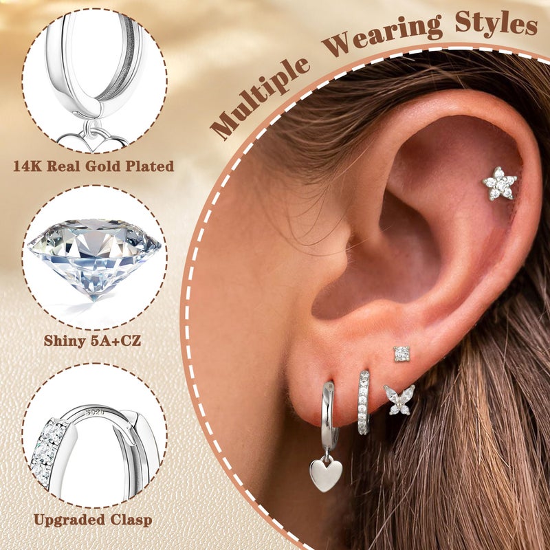 Sanfenly 4 Pairs Sterling Silver Hypoallergenic Earrings for Women 14K Gold Plated Stud Hoop Earrings Stacks for Multiple Piercings Sensitive Ears Cartilage Huggie Earring Jewelry Gifts Silver CZ - Image 2