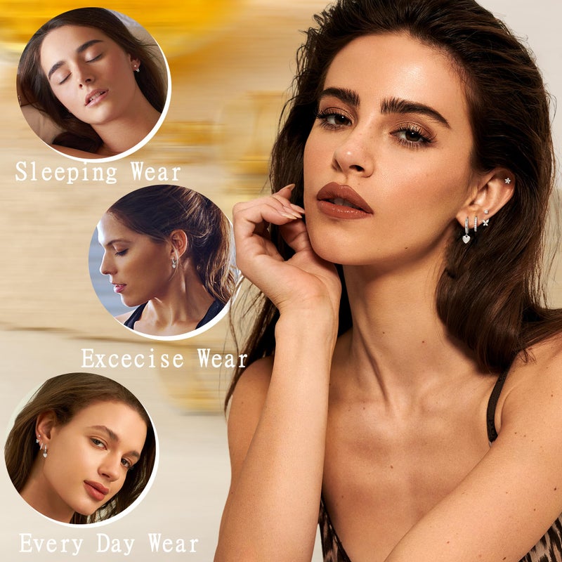 Sanfenly 4 Pairs Sterling Silver Hypoallergenic Earrings for Women 14K Gold Plated Stud Hoop Earrings Stacks for Multiple Piercings Sensitive Ears Cartilage Huggie Earring Jewelry Gifts Silver CZ - Image 3