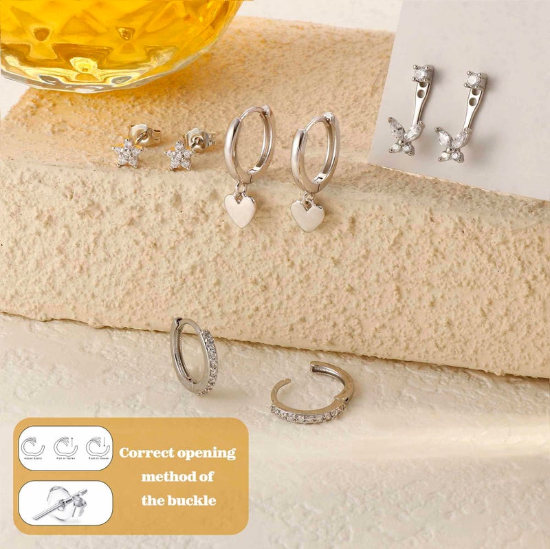 Sanfenly 4 Pairs Sterling Silver Hypoallergenic Earrings for Women 14K Gold Plated Stud Hoop Earrings Stacks for Multiple Piercings Sensitive Ears Cartilage Huggie Earring Jewelry Gifts Silver CZ - Image 4
