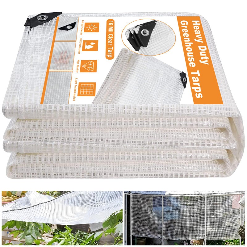 Ansgery 16 Mil Greenhouse Cover,Clear Plastic Tarps Heavy Duty Waterproof 16x20FT,UV Resistant Poly Clear Tarps with Grommets, Greenhouse Heavy Duty Tarp for Gardening,Farming,Nursery,Garden - Image 1