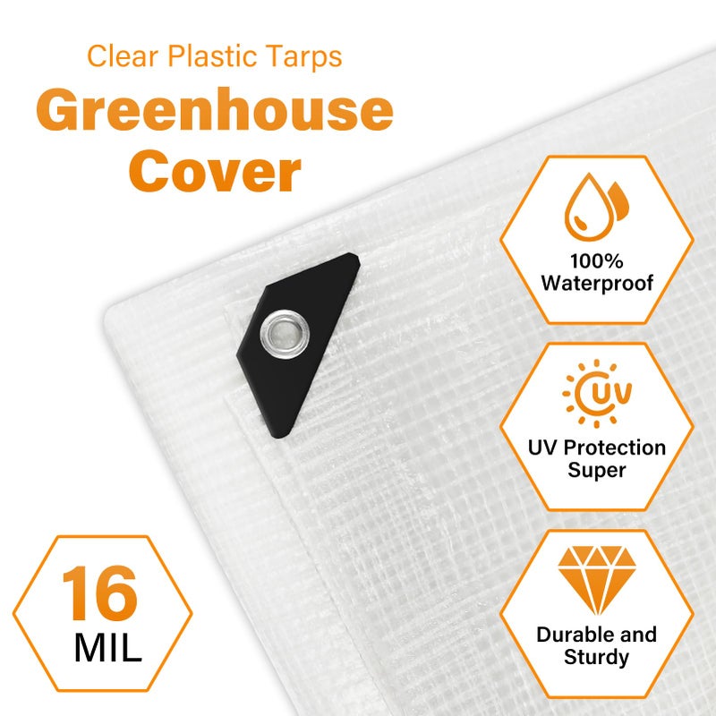 Ansgery 16 Mil Greenhouse Cover,Clear Plastic Tarps Heavy Duty Waterproof 16x20FT,UV Resistant Poly Clear Tarps with Grommets, Greenhouse Heavy Duty Tarp for Gardening,Farming,Nursery,Garden - Image 2