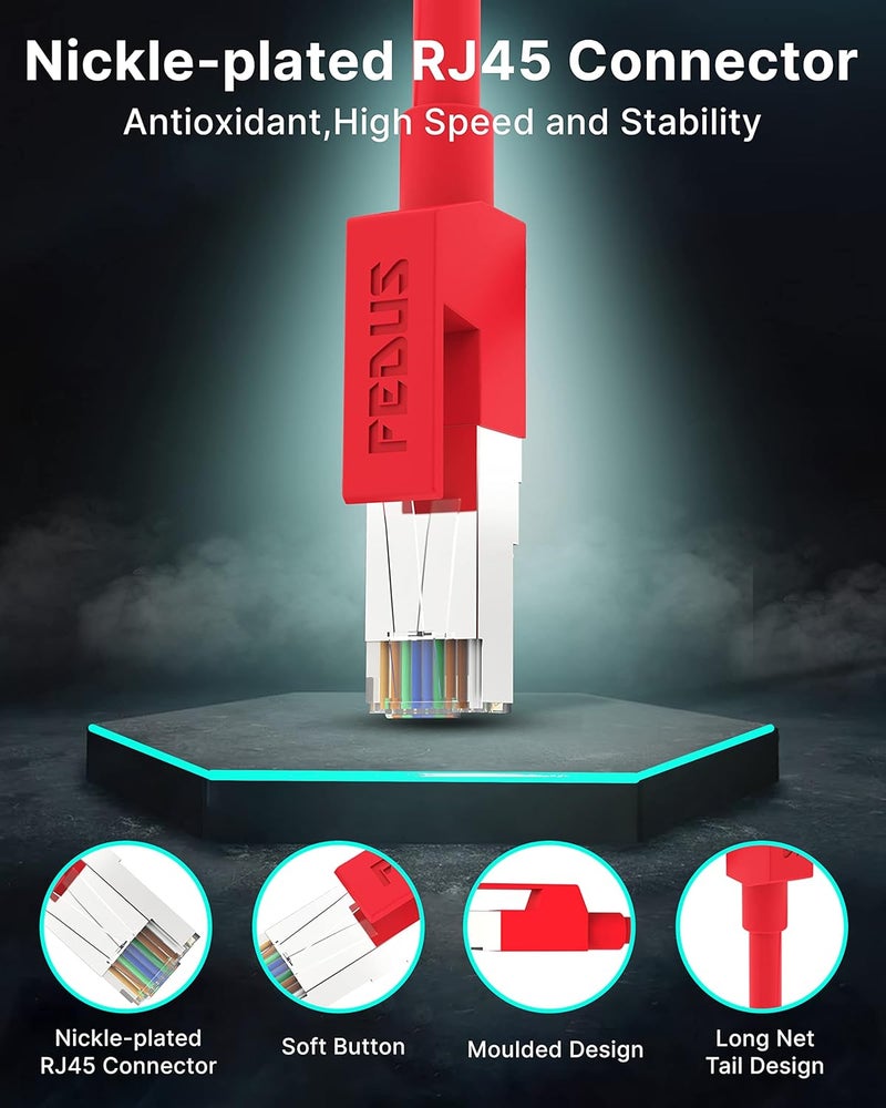 FEDUS كابل إيثرنت Cat6، سرعة عالية 550 ميغاهرتز، 5 متر، سرعة 10 جيجابت كابل UTP LAN، كابل شبكة كابل إنترنت RJ45 كابل LAN سلك 6 أسلاك للابتوب، التلفزيون، الكمبيوتر، الموجه، المودم أحمر - Image 5