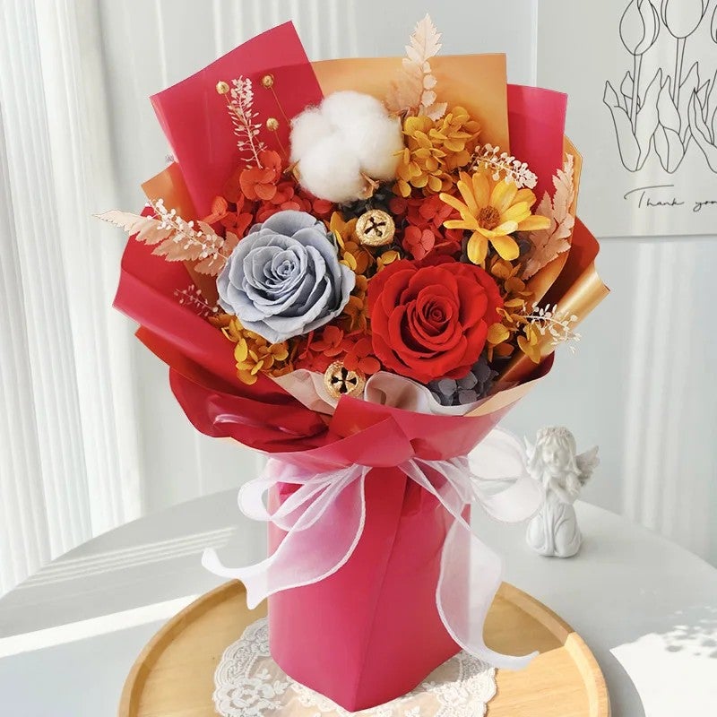 Bluejw Forever Roses Hydrangea & Dried Plants Bouquet - Purple Preserved Flower Eternal Rose for Wedding Decor, Valentine's Day Gift - Image 1