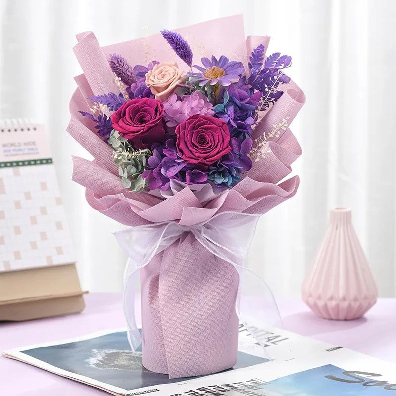 Bluejw Forever Roses Hydrangea & Dried Plants Bouquet - Purple Preserved Flower Eternal Rose for Wedding Decor, Valentine's Day Gift - Image 2