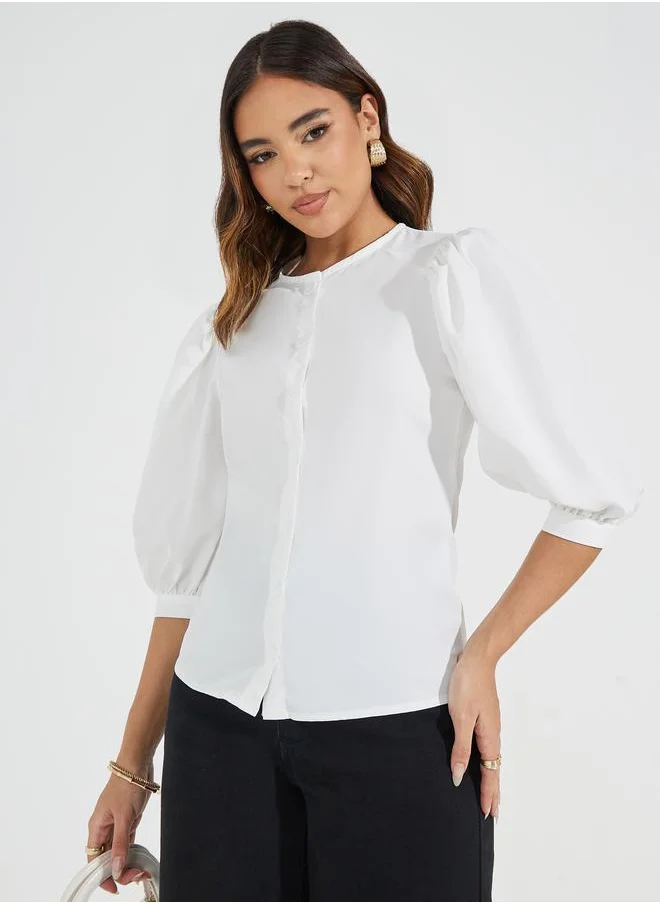Styli Solid Button Down Blouse with Balloon Sleeves