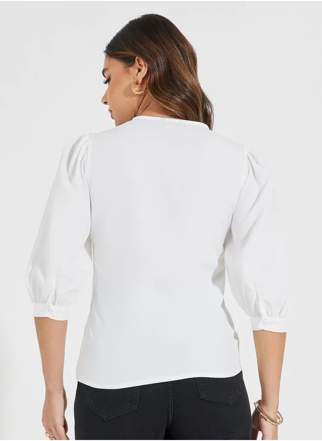 Styli Solid Button Down Blouse with Balloon Sleeves