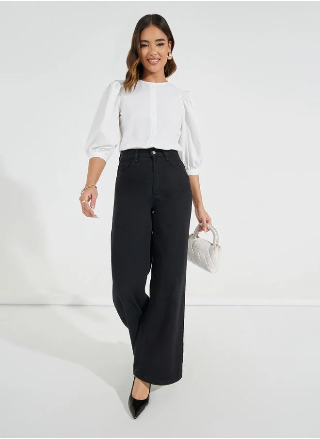 Styli Solid Button Down Blouse with Balloon Sleeves
