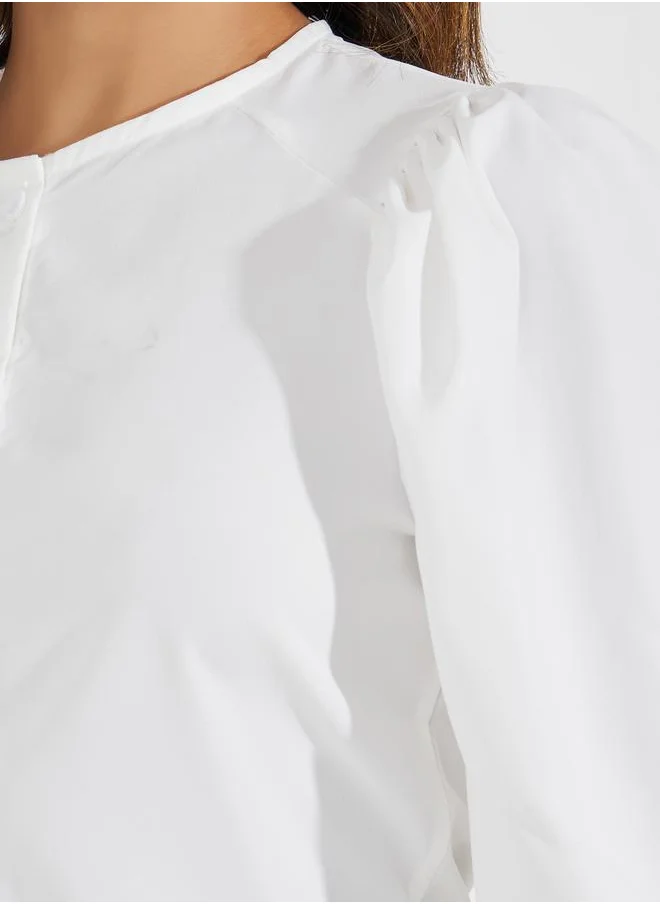 Styli Solid Button Down Blouse with Balloon Sleeves
