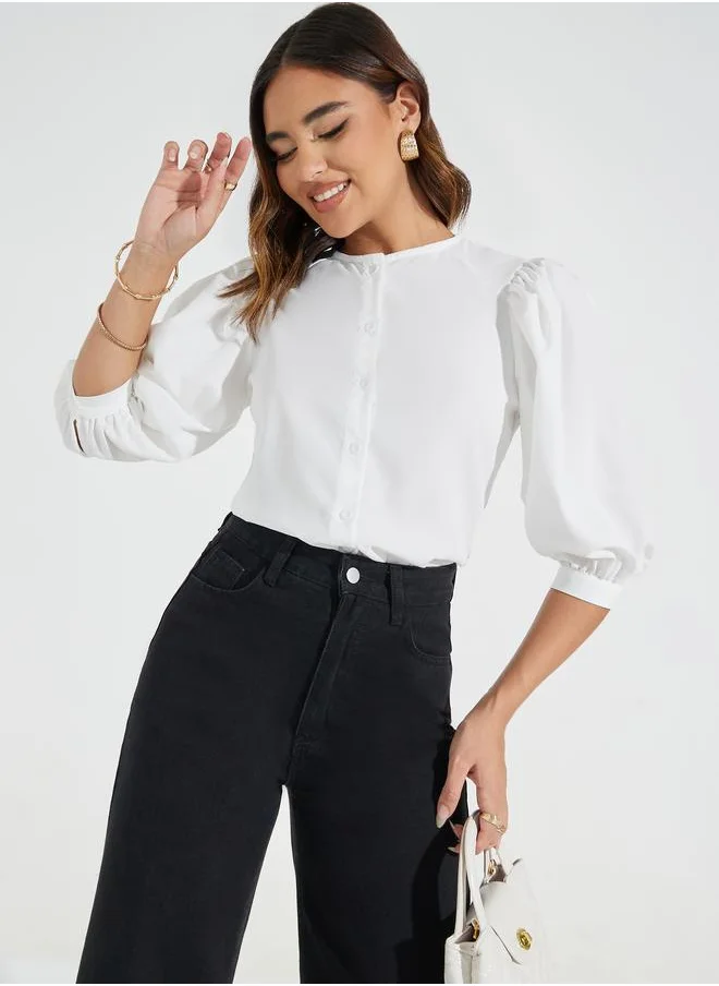 Styli Solid Button Down Blouse with Balloon Sleeves