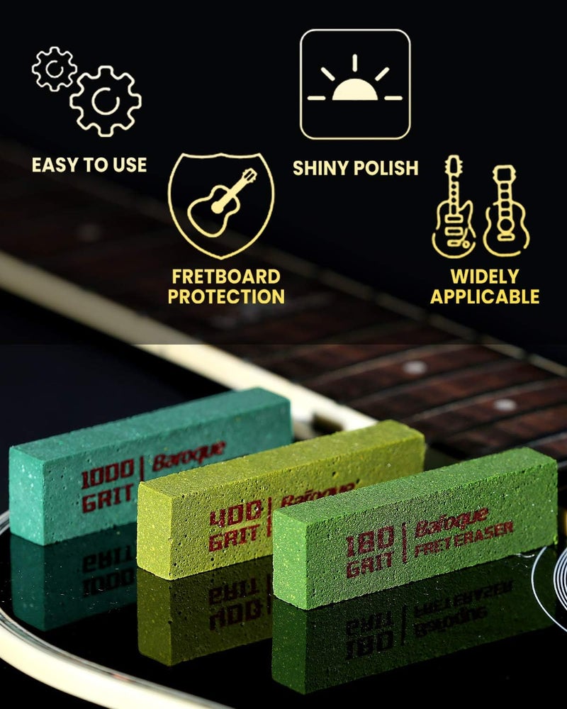 Baroque Fret Erasers for Guitar, Polishing/Cleaning Tools Kit, Polish/Clean Fret Wire/String/Metal, Set of 3 (180& 400& 1000 Grit) - Image 2