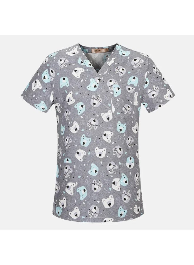 Loquat Womens Medical Scrubs Single Top Medical Uniform Single Printed Top Dog Print on Light Gray Background - Image 1